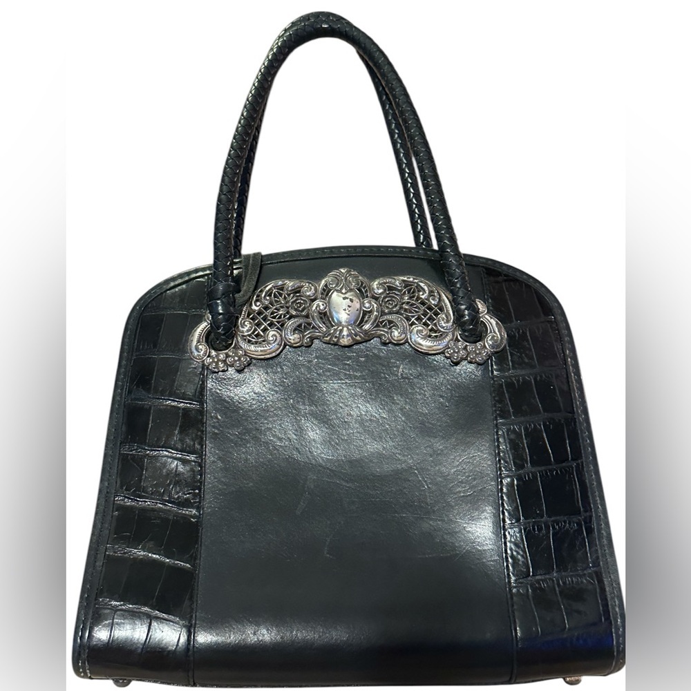 Brighton Black Leather Handbag with Silver Plated Accents EUC - Picture 3 of 16